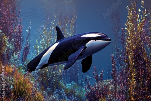 Orca gliding gracefully through the ocean, surrounded by vibrant and colorful kelp forest, showcasing underwater marine life.