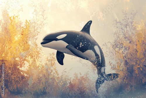 Artistic depiction of a majestic orca leaping from water surrounded by golden flora, creating a vibrant, dreamy oceanic scene.