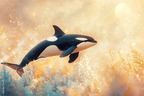 A majestic orca leaps above golden seaweed, shimmering with light and a magical, underwater atmosphere creates a beautiful scene.