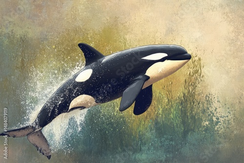 An artistic rendering of a killer whale breaching from the water with splashes, against a textured golden and green background.