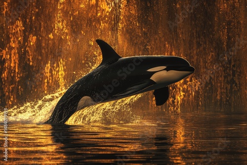 Orca breaching water, glowing gold light reflecting, splashing water droplets. Majestic mammal in its natural habitat, nature's beauty unveiled.