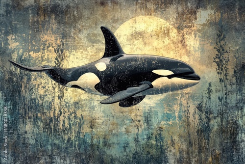 An orca swims over a textured ocean floor bathed in moonlight, creating a surreal and artistic scene.