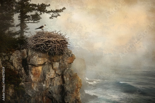An osprey rests atop a large nest on a cliff edge, overlooking a misty ocean with trees nearby.