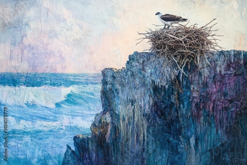 Osprey perched atop nest on a cliff overlooking the ocean, artistic and painterly style with vibrant colors. 