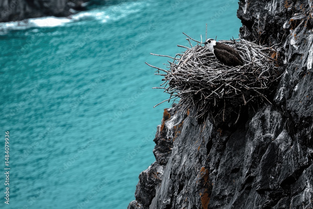 Fototapeta premium An osprey nests on a craggy cliff overlooking turquoise waters, its watchful gaze fixed on the horizon, a serene coastal scene.