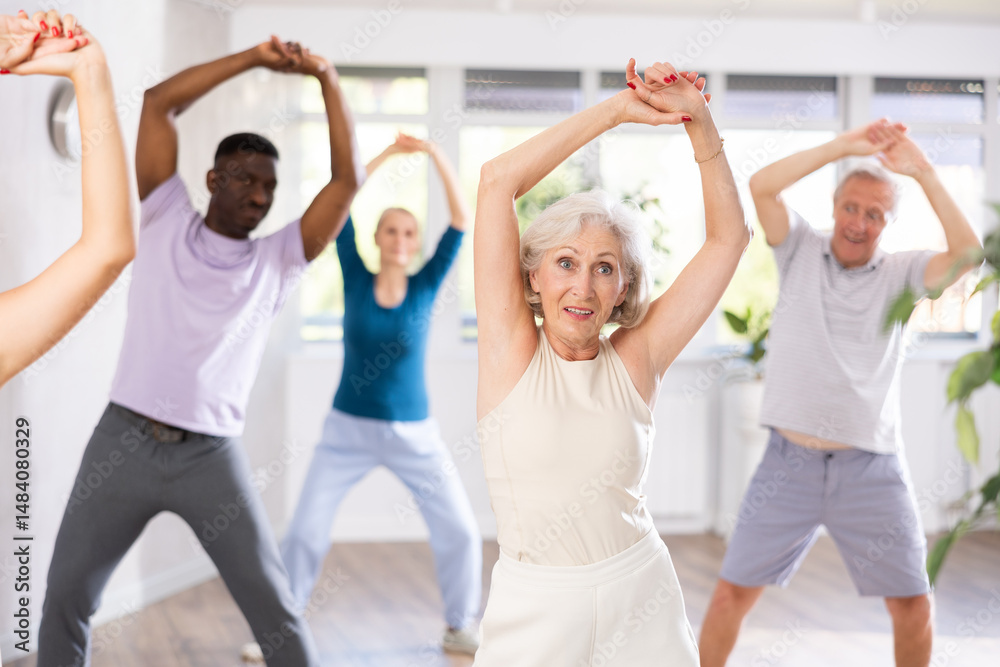 Naklejka premium Group of multiethnic mature active people dancing modern dance movements in studio