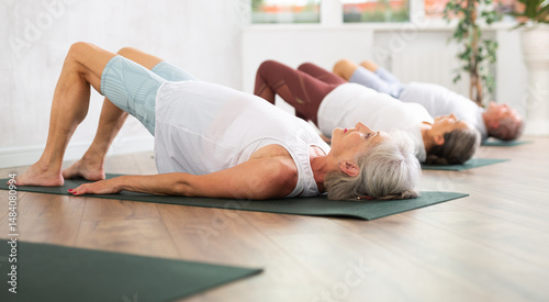 Group of elderly people in sportswear practicing pilates on mat in fitness studio