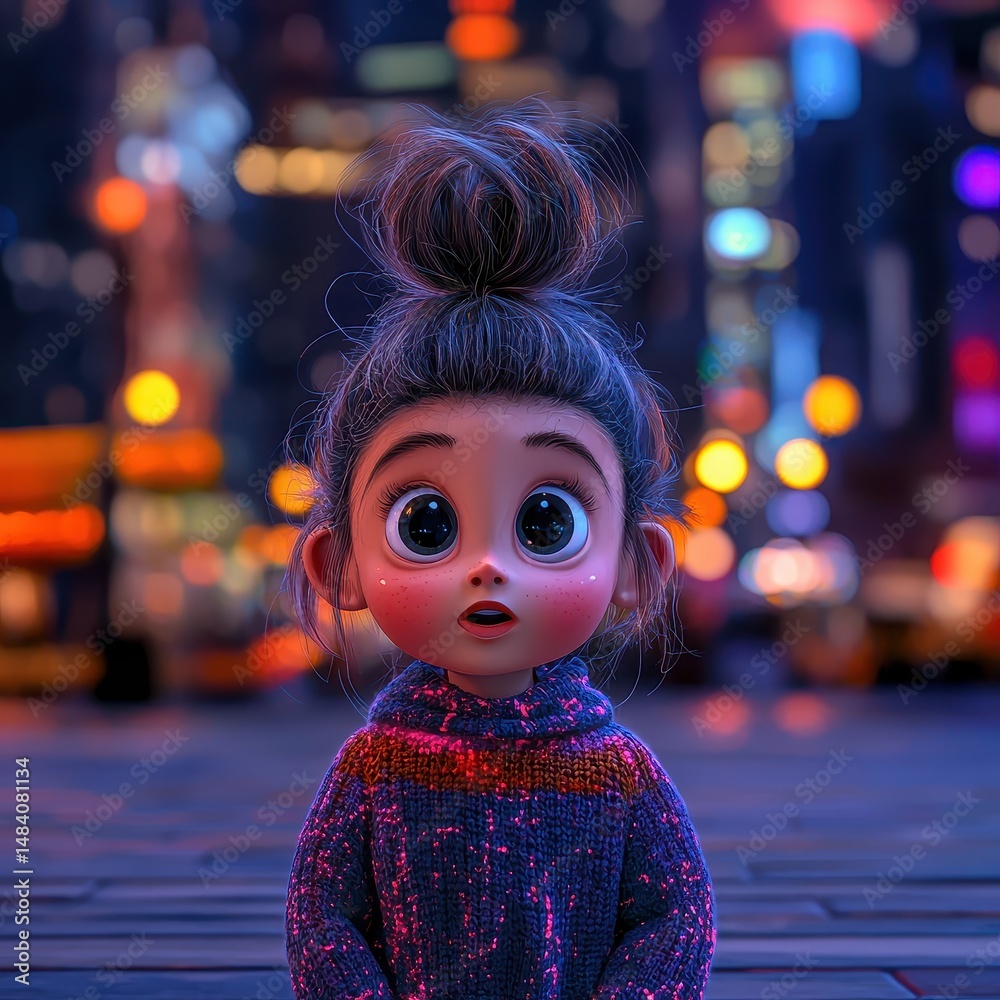Adorable 3D Render of a Girl with Big Eyes in a City at Night Adorable 3D Render of a Girl with Big Eyes in a City at Night