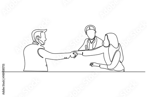 Continuous one line drawing of Business people do a negotiation. Single line drawing illustration of Business deal. Art of negotiation concept vector art. Doodle line illustration.