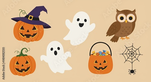 Festive Halloween illustrations featuring pumpkins, ghosts, owl, spiderweb, and candy bucket
