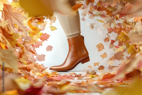 Elegant brown leather ankle boot surrounded by falling autumn leaves, showcasing fall fashion trends and style.
