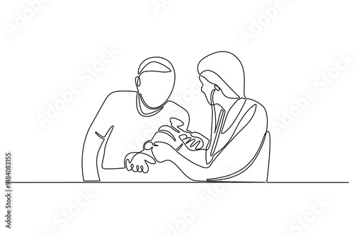 Continuous one line drawing of Nurse measuring blood pressure. Single line drawing illustration of Doctor checking blood pressure. Healthcare concept vector art. Doodle line illustration.