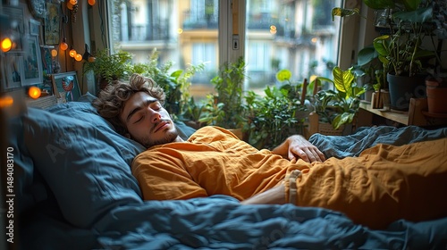 Young Man Sleeping Peacefully in His Cozy Bedroom