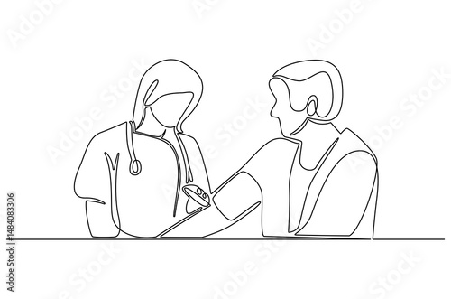 Continuous one line drawing of Nurse measuring blood pressure. Single line drawing illustration of Doctor checking blood pressure. Healthcare concept vector art. Doodle line illustration.