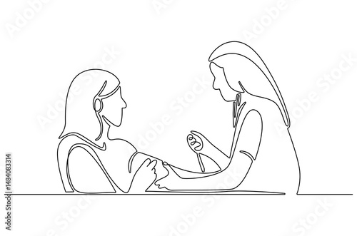 Continuous one line drawing of Nurse measuring blood pressure. Single line drawing illustration of Doctor checking blood pressure. Healthcare concept vector art. Doodle line illustration.