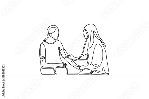 Continuous one line drawing of Nurse measuring blood pressure. Single line drawing illustration of Doctor checking blood pressure. Healthcare concept vector art. Doodle line illustration.