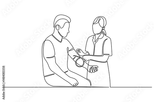 Continuous one line drawing of Nurse measuring blood pressure. Single line drawing illustration of Doctor checking blood pressure. Healthcare concept vector art. Doodle line illustration.