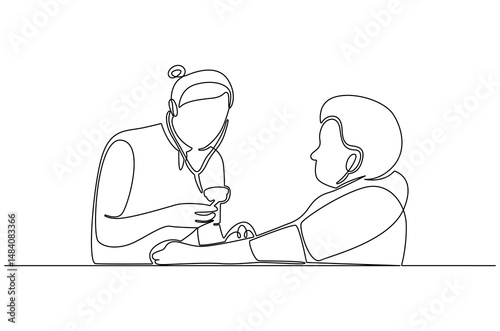Continuous one line drawing of Nurse measuring blood pressure. Single line drawing illustration of Doctor checking blood pressure. Healthcare concept vector art. Doodle line illustration.
