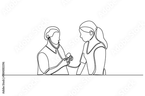 Continuous one line drawing of Nurse measuring blood pressure. Single line drawing illustration of Doctor checking blood pressure. Healthcare concept vector art. Doodle line illustration.