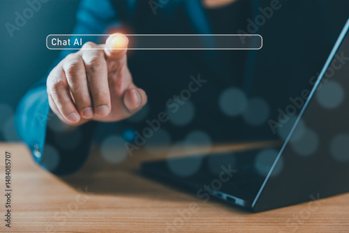 A businessman interacts with a virtual search bar by touching the 
