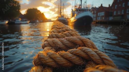 Golden Sunset Over Harbor Thick Rope Mooring Boats