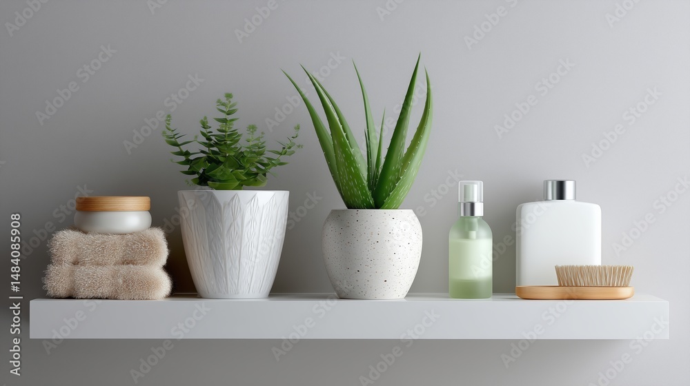 Fototapeta premium Green plants and spa products arranged on a minimalist shelf in a calming bathroom setting