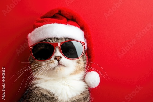 Stylish tabby cat wearing a Santa hat and sunglasses. photo