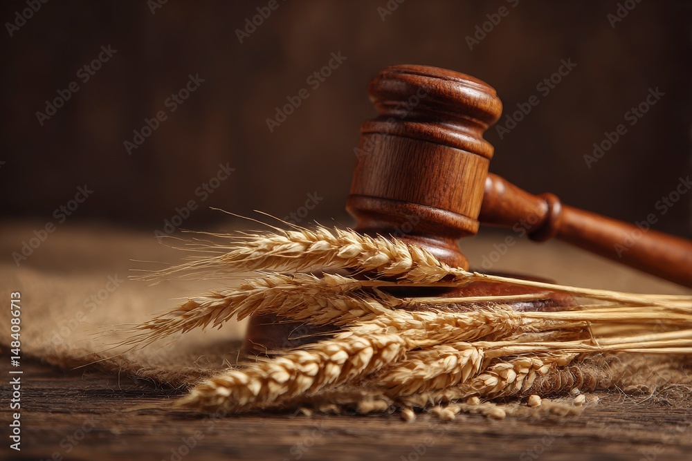 Wooden gavel and wheat ears on grains. Agricultural deal