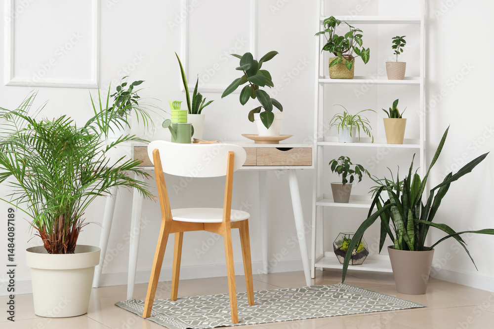 Fototapeta premium Interior of workshop with gardener's workplace, shelf unit and plants