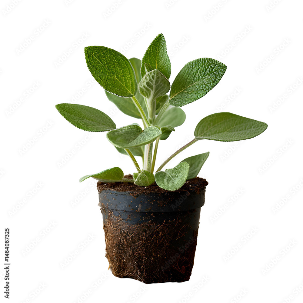 Obraz premium Sage plant in a small pot on black background