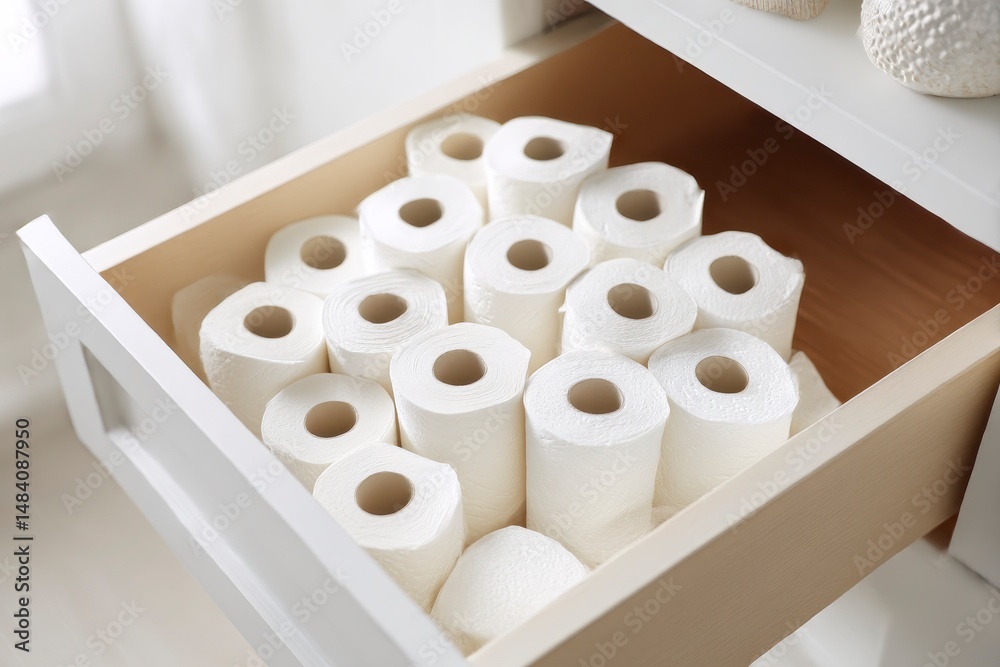Many toilet paper rolls in white drawer indoors