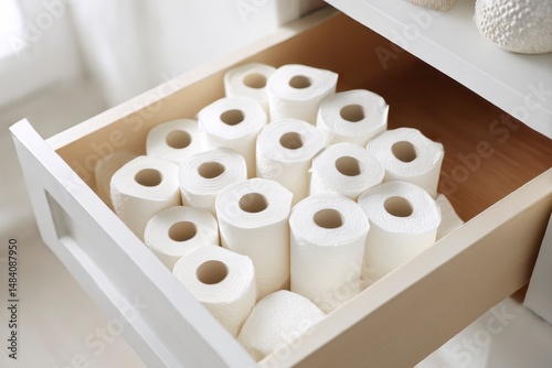 Obraz na płótnie Many toilet paper rolls in white drawer indoors w salonie
