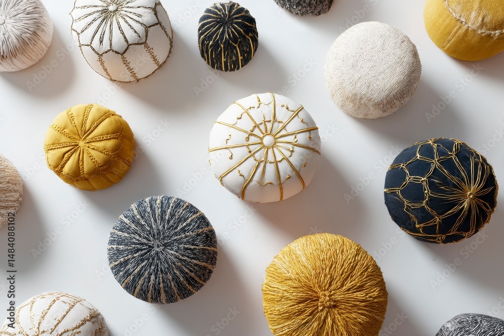 Different stylish poufs on white background. Home design