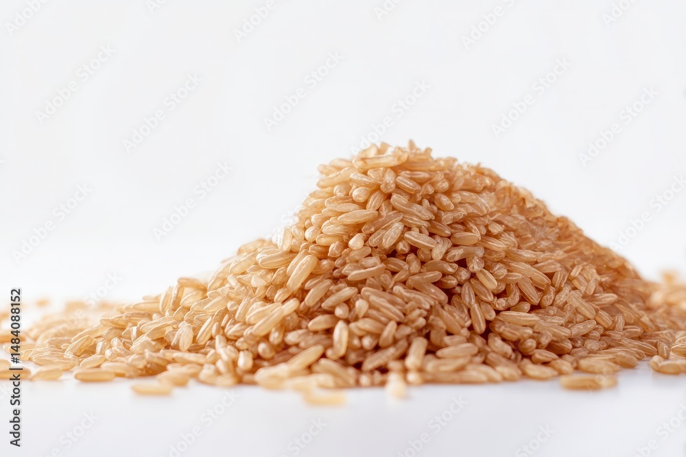 Pile of brown rice on white background