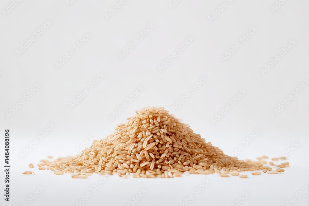 Pile of brown rice on white background