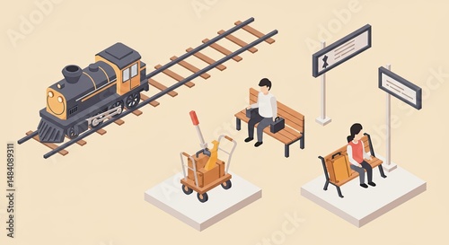 Isometric illustration of a train station with people waiting for a train.