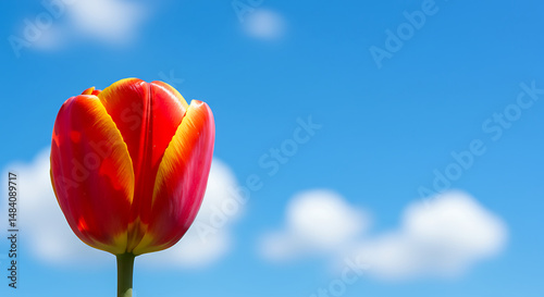 Red and Yellow Tulip against Blue Sky