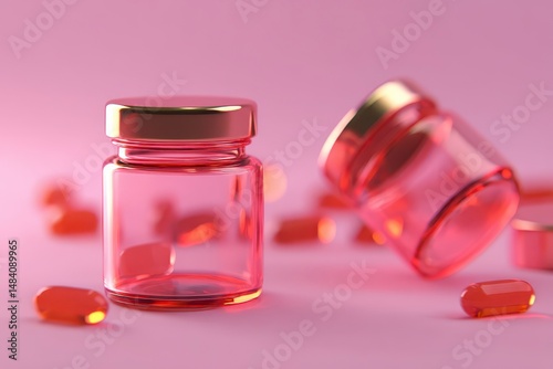 Pink glass jars without logos for mockups of medicines, vitamins, cosmetics