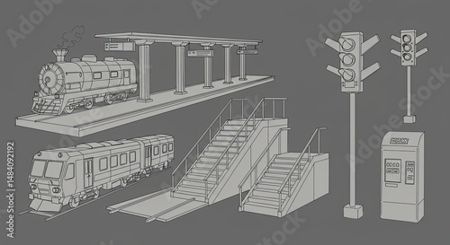 Line art illustration of train station elements and transportation infrastructure