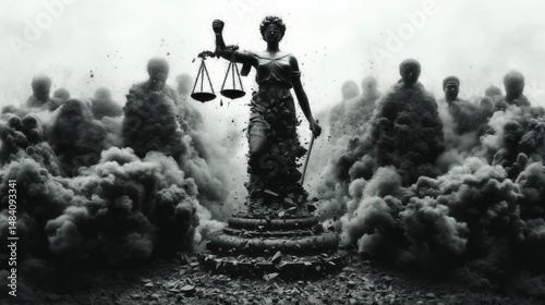 A crumbling statue of Lady Justice emerges from dark smoke, surrounded by ghostly human forms in a surreal black and white scene of decay and judgment.