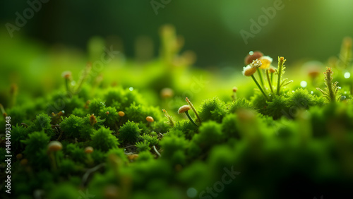 Thick emerald moss covering olive-green soil, dewy micro-ecosystem, extreme close-up texture. photo