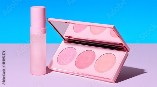 A stylish pink makeup palette with three blush shades and a spray bottle, set against a bright blue backdrop. Perfect for beauty enthusiasts and makeup artists.