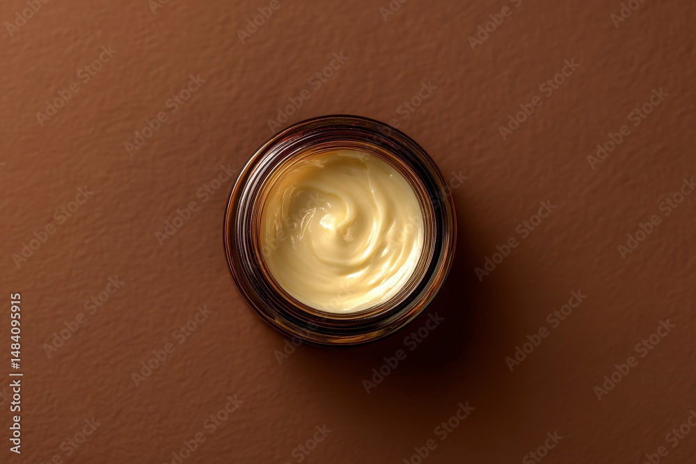 Open amber glass jar with cream inside, top view, on a nice brown background