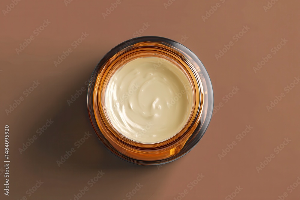 Open amber glass jar with cream inside, top view, on a nice brown background
