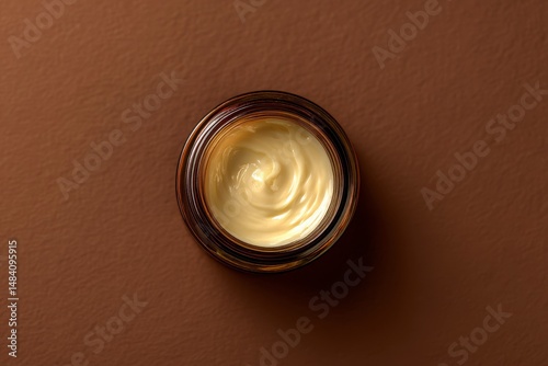 Obraz na płótnie Open amber glass jar with cream inside, top view, on a nice brown background w salonie