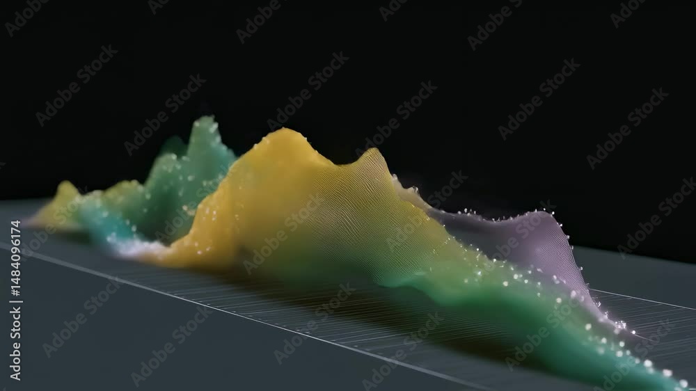 Vibrant digital particle landscape morphing across grid background, generating dynamic abstract terrain visualization with evolving colorful mountain range