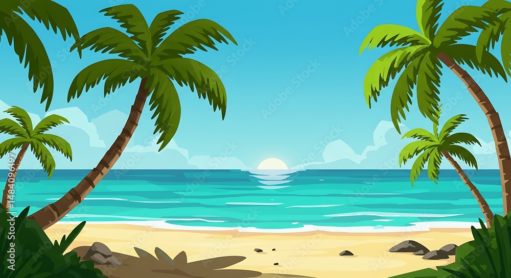 Fototapeta premium Tranquil Sunrise: Vibrant Cartoon Beach Paradise
