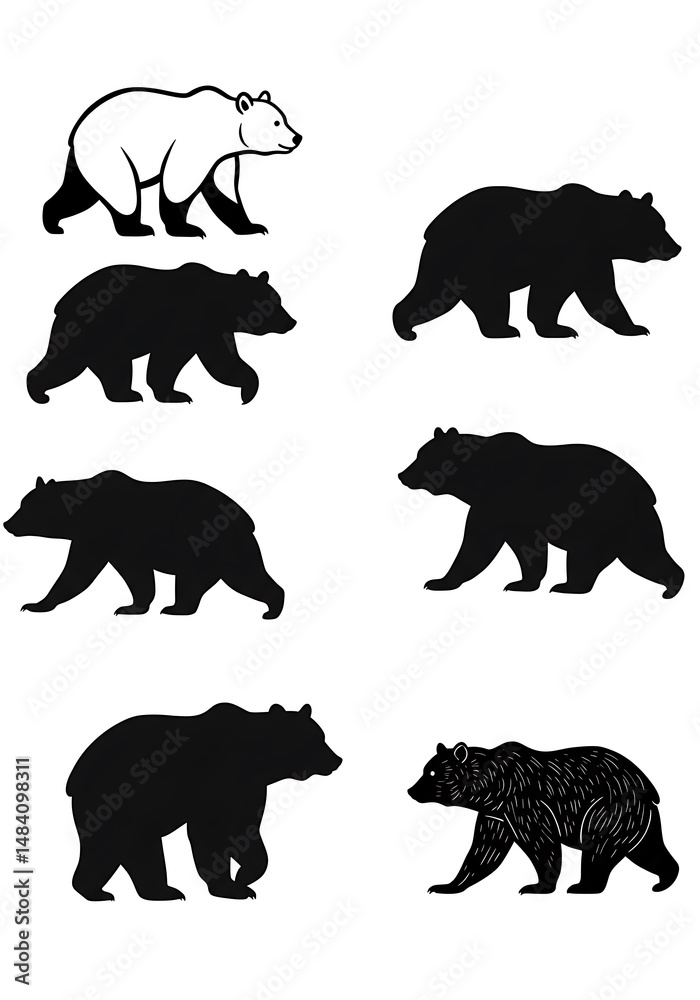 Naklejka premium Bear Silhouette Collection: Black & White Vector Art