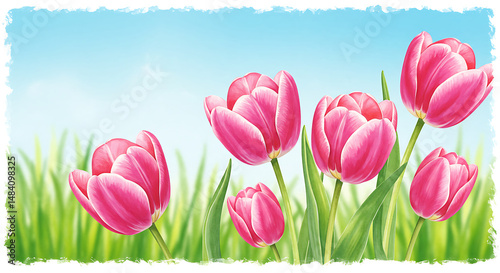 Pink Tulips Spring Meadow Landscape Illustration