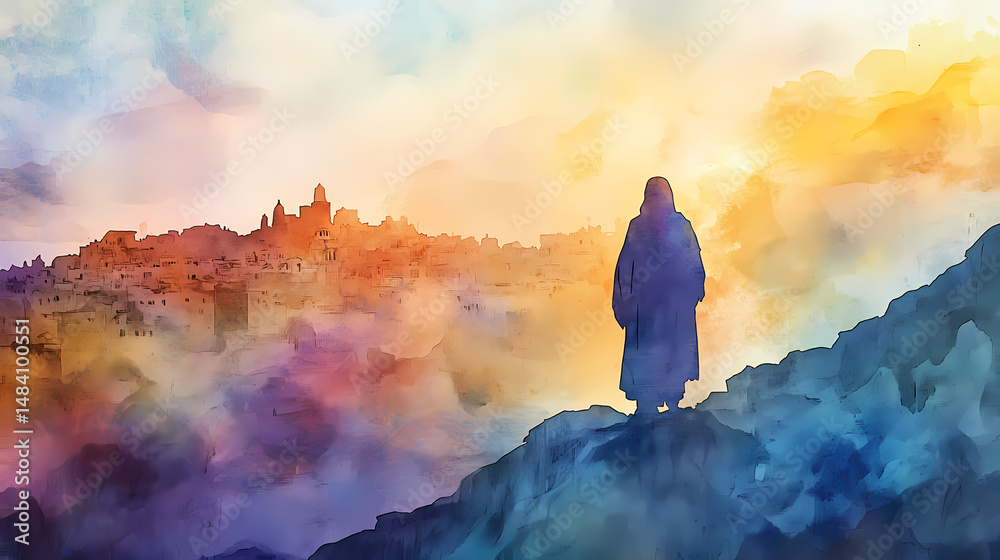 Obraz premium jesus standing hill overlooking jerusalem